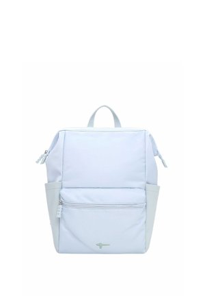 Sac à dos rectangulaire bleu clair avec poche avant zippée, poches latérales, poignée supérieure et double fermeture éclair sur le compartiment principal.