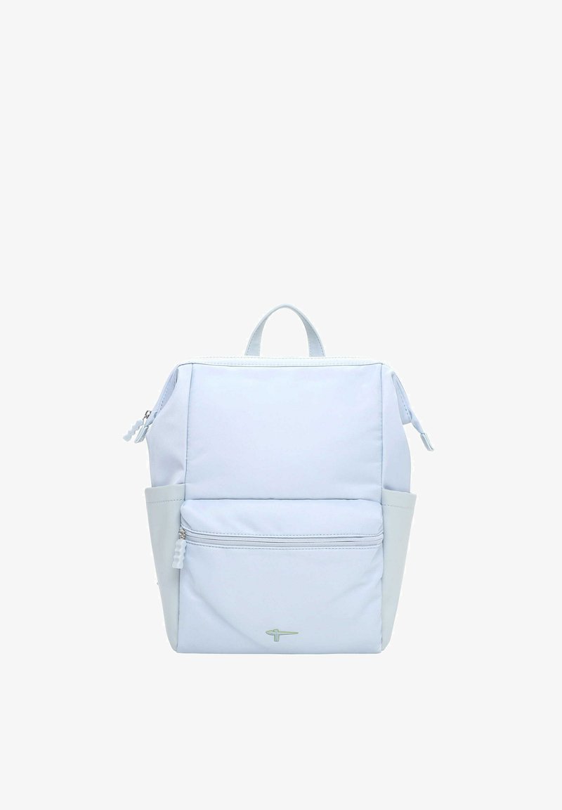 Sac à dos rectangulaire bleu clair avec poche avant zippée, poches latérales, poignée supérieure et double fermeture éclair sur le compartiment principal.