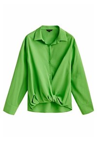 Blouse verte à boutons fabriquée en tissu lisse, avec un devant noué, des manches longues et un col classique pour un effet décontracté.