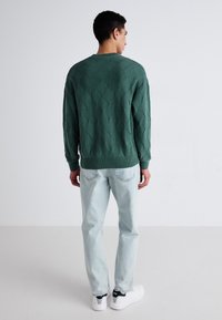 Groene gebreide trui met een diamante textuurpatroon, geribde manchetten en zoom, gedragen met lichtblauwe jeans en witte sneakers. Achteraanzicht.