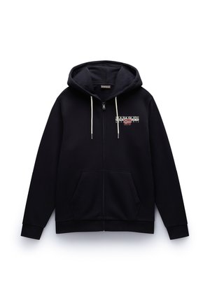 Zwarte zip-up hoodie gemaakt van zachte stof, met een capuchon met trekkoord, zijzakken en een contrasterend logo-ontwerp op de borst.
