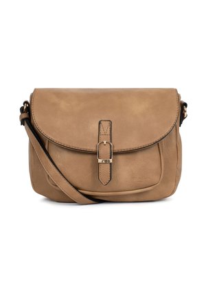 Klein lichtbruin leren crossbodytasje met voorflap en gouden gespdetail, verstelbare riem en subtiele merkopdruk.