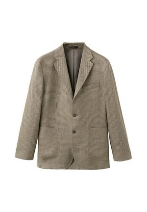 Einreihiger Herrenblazer mit braun-beigem Hahnentrittmuster, zwei Knöpfen, fallendem Revers und aufgesetzten Taschen.