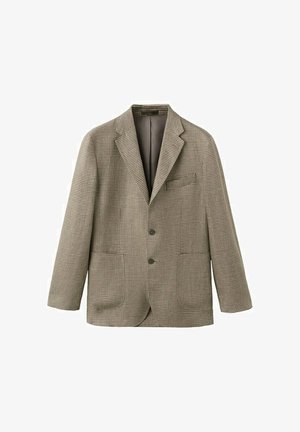 Einreihiger Herrenblazer mit braun-beigem Hahnentrittmuster, zwei Knöpfen, fallendem Revers und aufgesetzten Taschen.