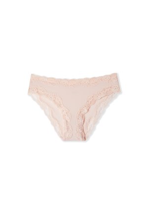 Culotte bikini pour femmes, rose clair avec bordure en dentelle et motifs floraux sur fond blanc.