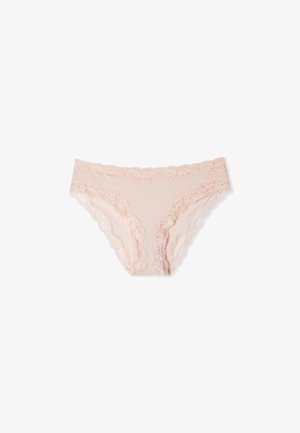 Culotte bikini pour femmes, rose clair avec bordure en dentelle et motifs floraux sur fond blanc.