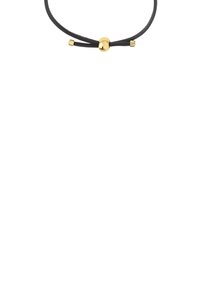 Black braided cord necklace with a central gold-tone bead and two square gold-tone accents at either end. Adjustable length.