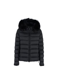 Giacca a vento nera con zip frontale, dotata di un ampio cappuccio in pelliccia e design trapuntato. Il materiale è morbido con una texture liscia.