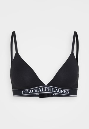 Soutien-gorge noir en triangle avec bretelles ajustables, tissu texturé et une large bande élastique portant la marque "POLO RALPH LAUREN" en blanc.