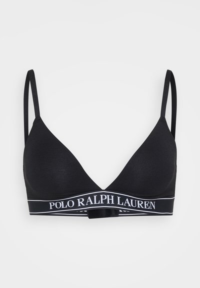 Čierna trojuholníková podprsenka s nastaviteľnými ramienkami, textúrovanou tkaninou a širokým elastickým pásom s bielym logom "POLO RALPH LAUREN".