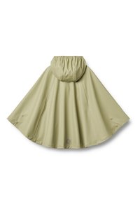 Ljust olivgrön regnponcho med huva, tillverkad av vattentätt material. Har en utsvängd design och knappar längst ner på kanterna.