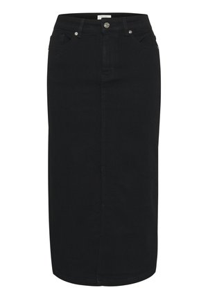 Črna denim midi krilo s popolno silhueto, sprednjim razporkom in klasičnim petim žepom. Ima zapiranje na gumb in diskretno šivanje.