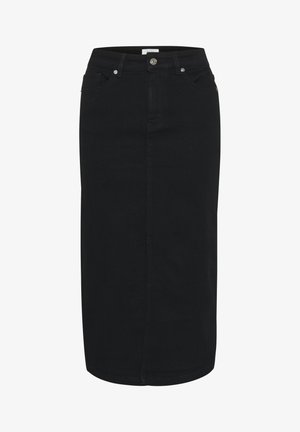 Črna denim midi krilo s popolno silhueto, sprednjim razporkom in klasičnim petim žepom. Ima zapiranje na gumb in diskretno šivanje.