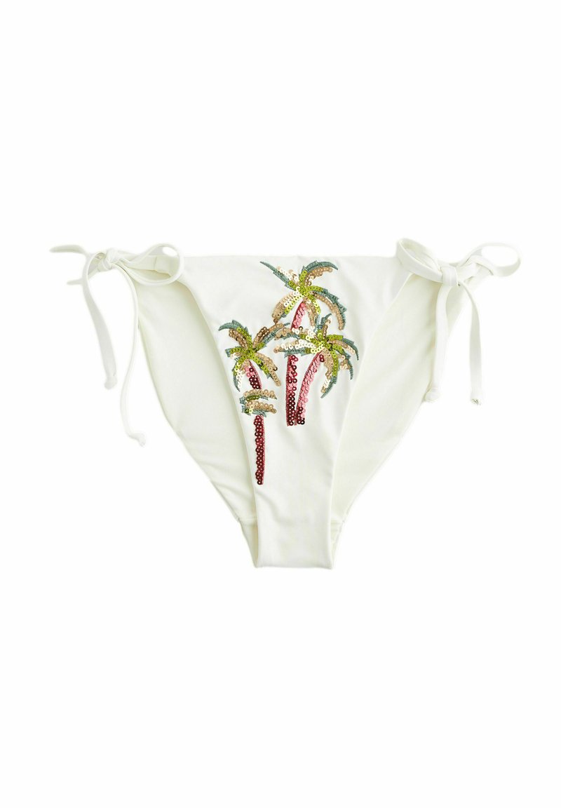 White bikini bottom with tie sides, featuring decorative sequined palm trees in green, gold, and pink hues on the front.