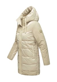 Beige pufferjack met hoge kraag en afneembare capuchon. Gequilt ontwerp, rits aan de voorkant en zijzakken. Zachte, gladde textuur.