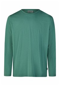 Langärmeliges Hemd aus einfarbigem grünem Stoff mit rundem Ausschnitt. Verfügt über ein kleines Markenlogo auf der Brust und gerade geschnittene Ärmel.