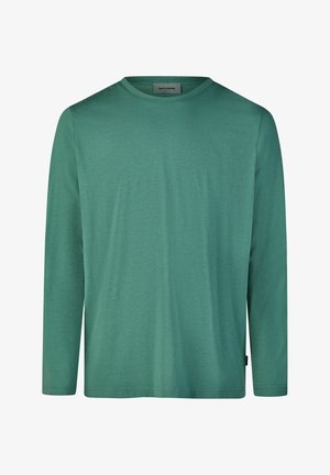 Langärmeliges Hemd aus einfarbigem grünem Stoff mit rundem Ausschnitt. Verfügt über ein kleines Markenlogo auf der Brust und gerade geschnittene Ärmel.