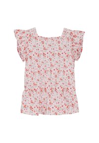 Blomstret top med korte flæseslider, med en hvid bund og små blomster mønstre i pink, orange og grøn, samlet ved taljen.