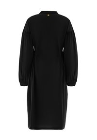 Schwarzes Kleid mit Kragen, langen puffartigen Ärmeln und relaxed Fit. Glatte Textur mit dezenten Rückendetails, knielanges Design.