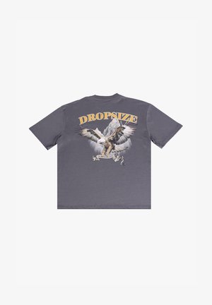 Grijze T-shirt met korte mouwen, voorzien van een afbeelding van een adelaar en bergen, met de tekst "DROPSIZE" en een banner eronder.