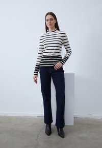 Pull à col roulé rayé noir et blanc avec des manches longues, en tissu doux. Associé à un jean bleu foncé évasé et des bottines noires.