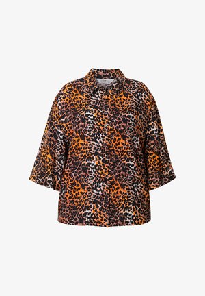 Luipaardprint overhemd met knoopsluiting aan de voorkant, in bruin, oranje en zwart, met korte mouwen en een relaxed silhouet.