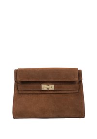 Brown suede clutch bag with a foldover flap and gold-tone hardware. Features a horizontal strap accent and a subtle texture.