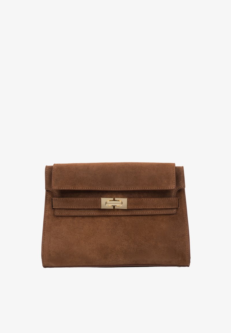 Brown suede clutch bag with a foldover flap and gold-tone hardware. Features a horizontal strap accent and a subtle texture.