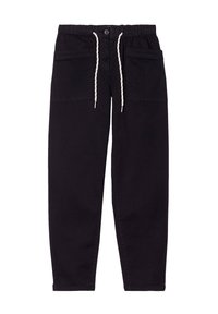 Schwarze Hosen aus Baumwolle, mit elastischem Bund, Zugkordel und zwei Fronttaschen. Gerade Beinform mit glatter Textur.