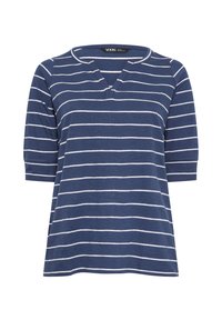 T-paita, jossa on syvä V-pääntie ja lyhyet hihat, laivaston sininen väri ja valkoiset vaakasuorat raiteet. Pehmeä kangas, rento istuvuus eikä näkyvää varustusta.