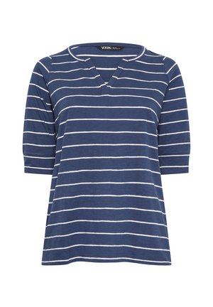 Marineblauwe V-hals t-shirt met korte mouwen en witte horizontale strepen. Zachte stof met een relaxte pasvorm en geen zichtbare hardware.