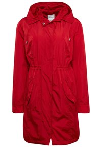 Rote wasserdichte Jacke mit Kapuze, tailliertem Schnitt und zwei Seitentaschen. Verfügt über eine glatte Textur und ein leichtes Design.