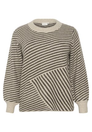 Beige gebreide trui met donkergrijze diagonale strepen. Heeft een ronde halslijn en ballonsleeves. Zacht, textuurstof.