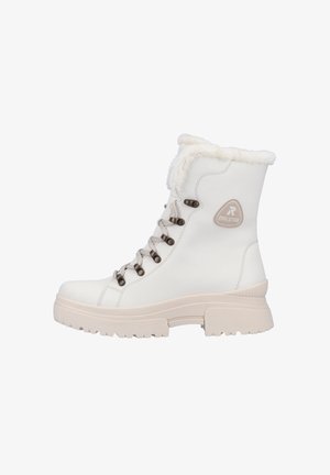 White leather ankle boots with faux fur collar, brown laces, and chunky beige sole. Features a side logo patch. Textured finish and sturdy design.