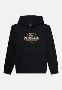 Black hoodie made of cotton blend, featuring a front kangaroo pocket and a graphic logo in beige and white text across the chest.