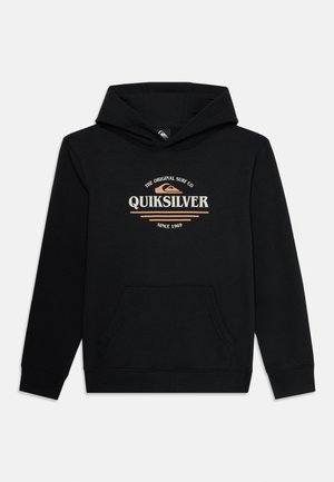 Black hoodie made of cotton blend, featuring a front kangaroo pocket and a graphic logo in beige and white text across the chest.