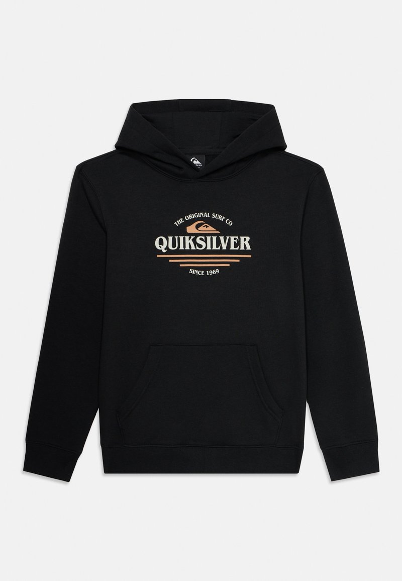 Čierna mikina z bavlnenej zmesi, s predným klokanym vreckom a grafickým logom v béžovej a bielej farbe cez hruď.