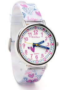 Montre à quartz avec un cadran blanc, des chiffres roses, des aiguilles bleues et un bracelet transparent ornés de motifs colorés en forme de cœurs. Marque : Kiddus.