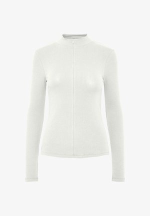 Maglia a maniche lunghe in morbido tessuto a coste grigio chiaro, con colletto alto e zip frontale. Design aderente con dettagli testurizzati.