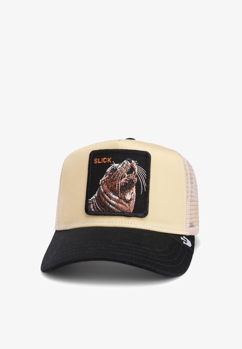 Beige and black cap with a textured black patch featuring embroidered seal design and "SLICK" text. Mesh back for breathability.