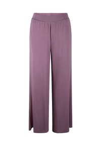 Pantaloni a gamba larga in morbido e elastico tessuto mauve; presentano una comoda vita elasticizzata e una superficie liscia in tutto il capo.