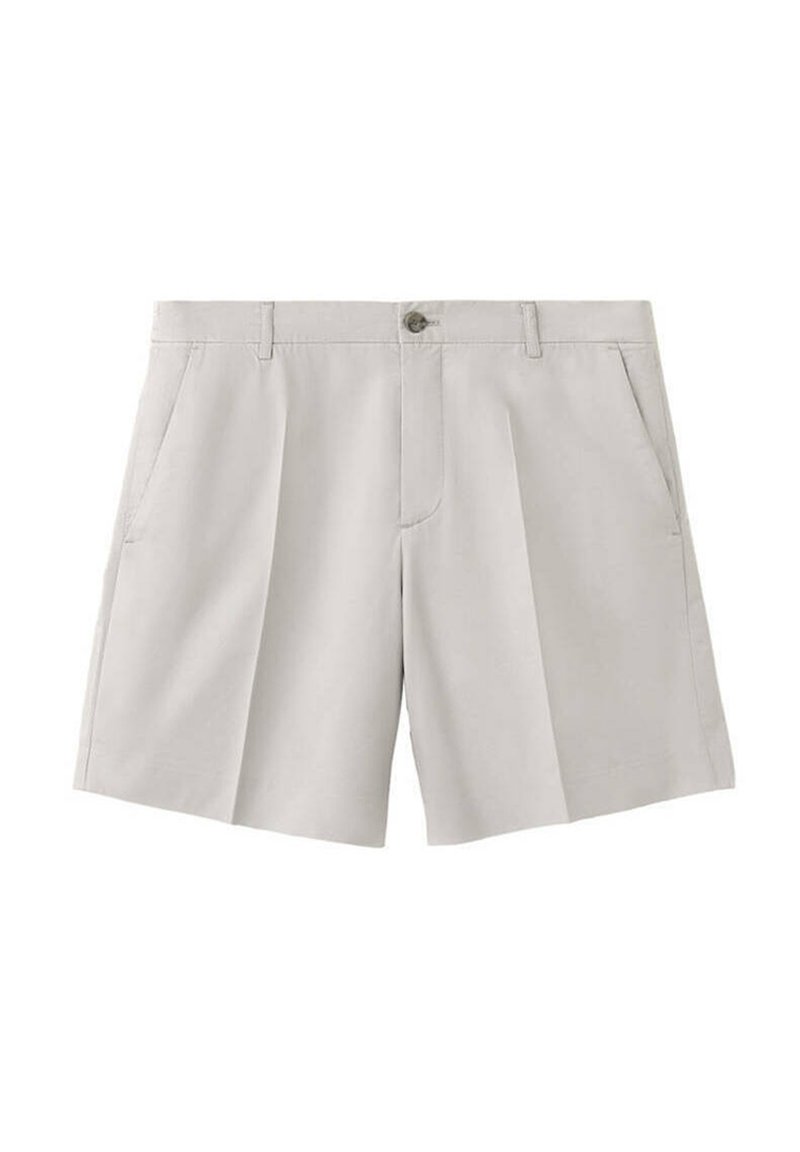 Beige knee-length shorts with belt loops, front button and zipper, side pockets, and pleated front design.