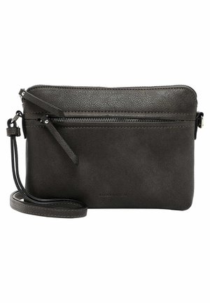 Black leather crossbody bag with textured finish, zip closure, and adjustable strap. Features a front zip pocket and understated branding.