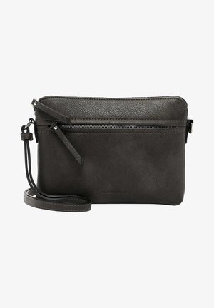 Schwarze Leder-Crossbody-Tasche mit strukturiertem Finish, Reißverschluss und verstellbarem Träger. Mit einer vorderen Reißverschlusstasche und dezentem Branding.