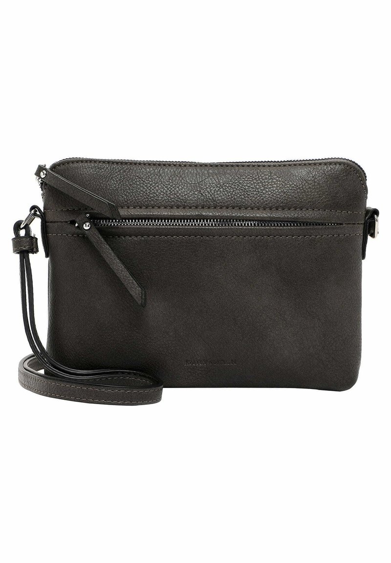 Black leather crossbody bag with textured finish, zip closure, and adjustable strap. Features a front zip pocket and understated branding.
