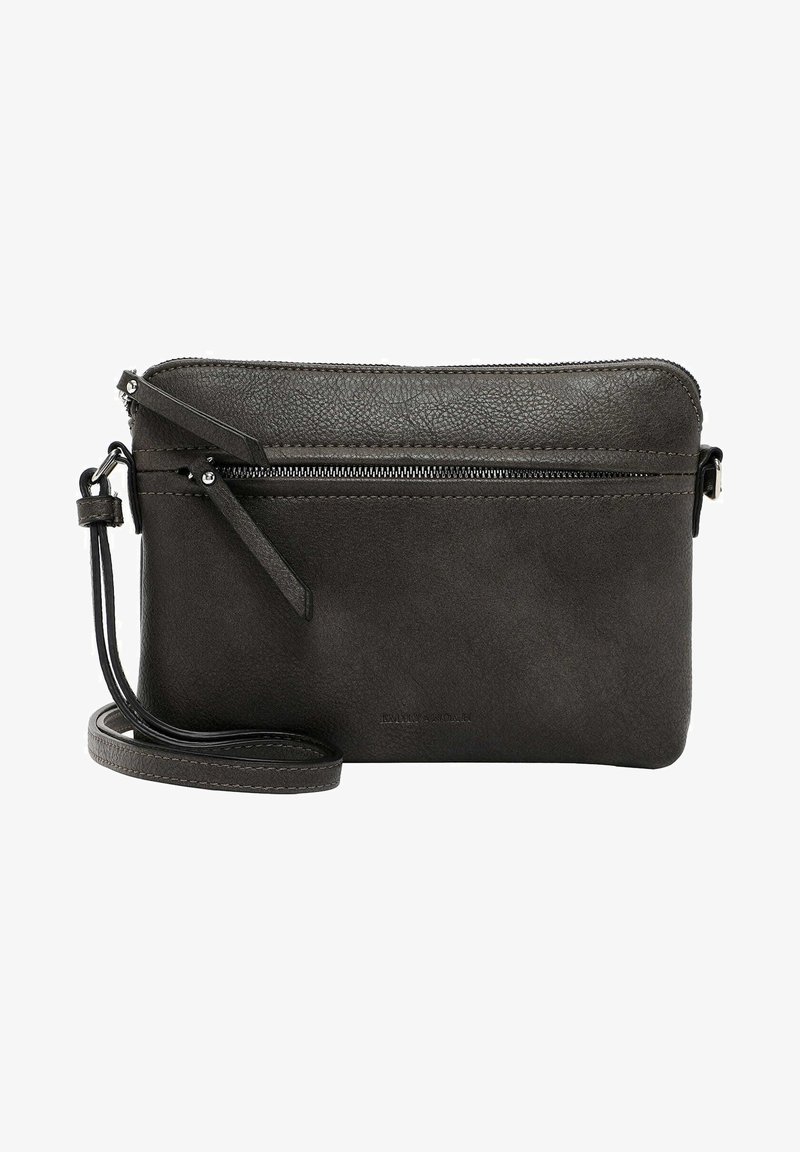 Borsa a tracolla nera in pelle con finitura testurizzata, chiusura a zip e tracolla regolabile. Presenta una tasca anteriore con zip e un branding discreto.