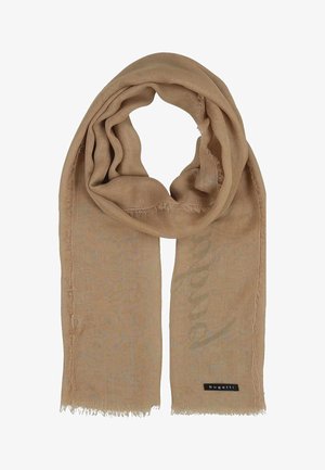Light brown soft fabric scarf with fringed edges, loosely looped, featuring a small black label with "bugatti" text.
