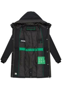 Zwarte geïsoleerde jas met een groene binnenpaneel. Bevat een ritssluiting, verstelbare capuchon en meerdere binnenzakken met verzorgingsinstructies.