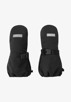 Zwarte wanten gemaakt van duurzaam, waterdicht materiaal. Voorzien van een stevige strap met een gesp en een lichtgrijze logopatch op elke want.