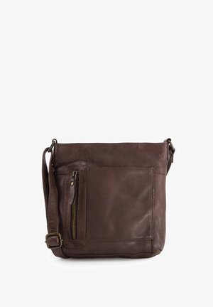 Brown leather crossbody bag with a zippered front pocket, adjustable strap, and smooth texture. Simple rectangular shape.